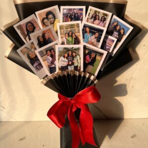 “Custom picture bouquet with black wrapping and red ribbon featuring personalized photo prints, aesthetic memory gift for birthdays, anniversaries and special occasions by Rosellea”