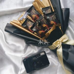 Luxury black and gold chocolate bouquet with wrapped chocolates and ribbon, perfect gift hamper for birthdays, anniversaries and special occasions